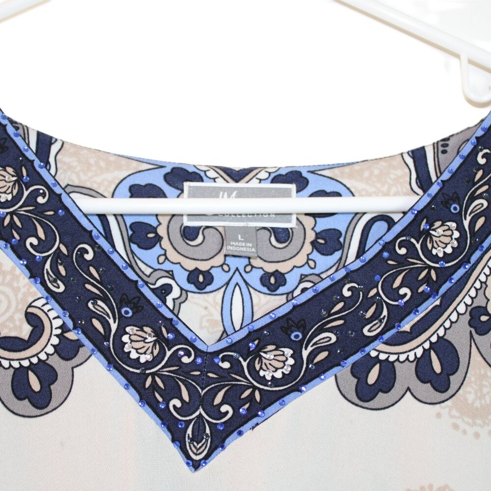 JM Collection Blouse 3/4" Sleeve Blue Cream White Size L Artsy - Picture 4 of 8